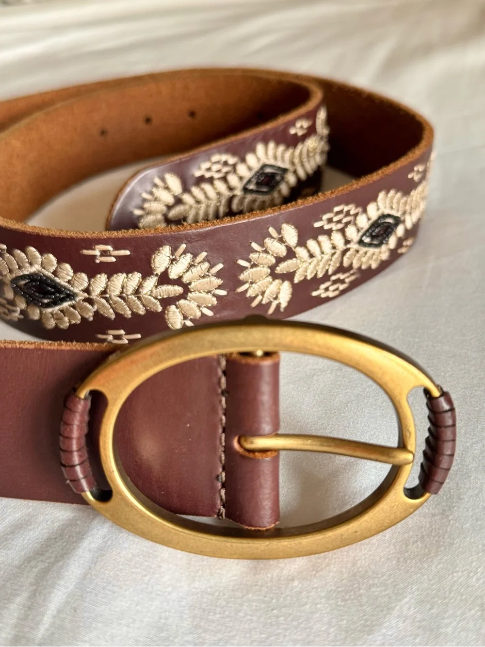 Lucky Brand Brown Leather Embroidered Beaded Belt XL - Picture 1 of 7